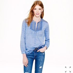 J. Crew Blue Chambray Embroidered Denim Blouse